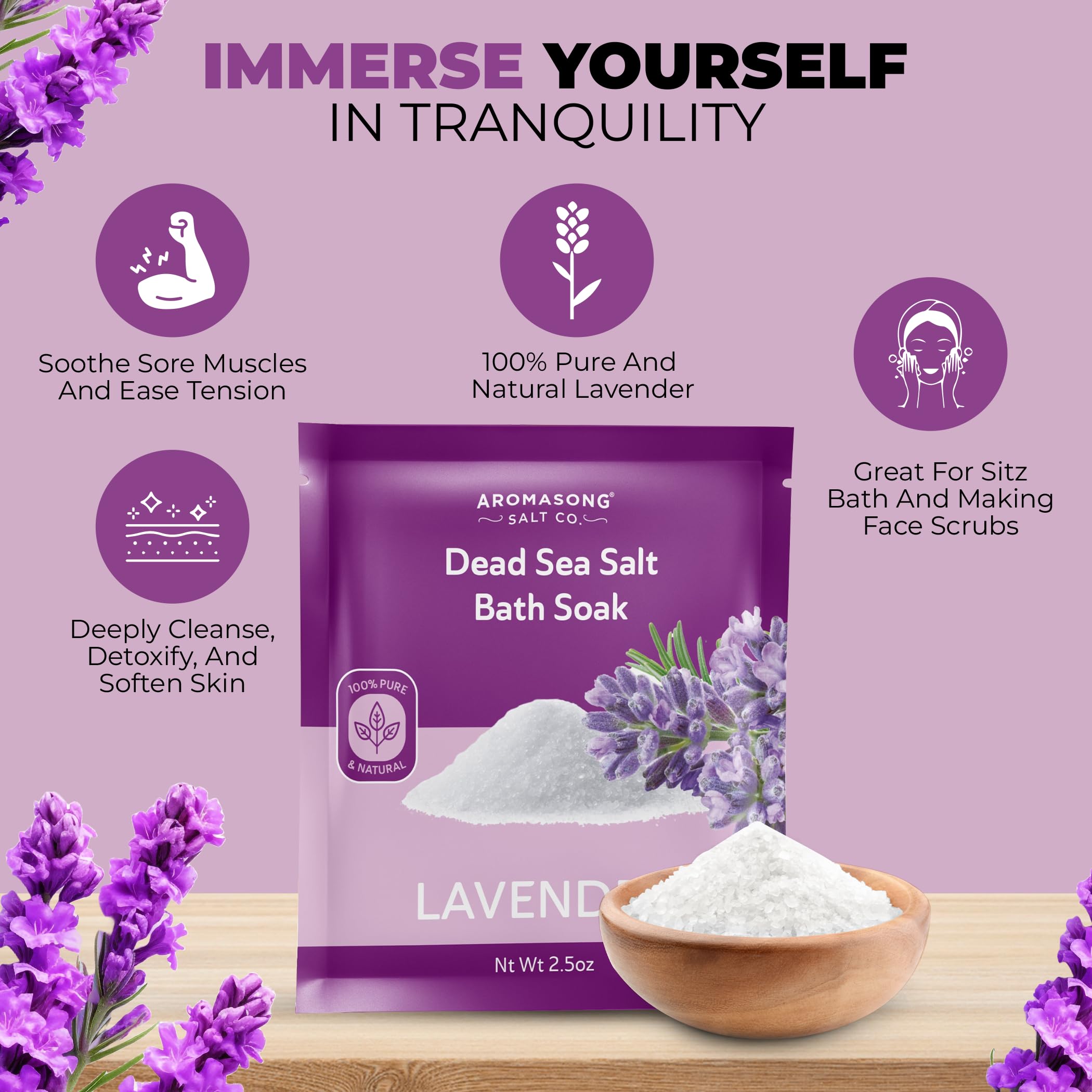 Aromasong Pure Dead Sea Salt 100% Natural Lavender Essential Oil – 2.5 oz. Spa Bath Salt Fine Grain- Christmas Stocking Stuffers for Adults, Kids, Women, and Mens soak Stocking Stuffers for Adults